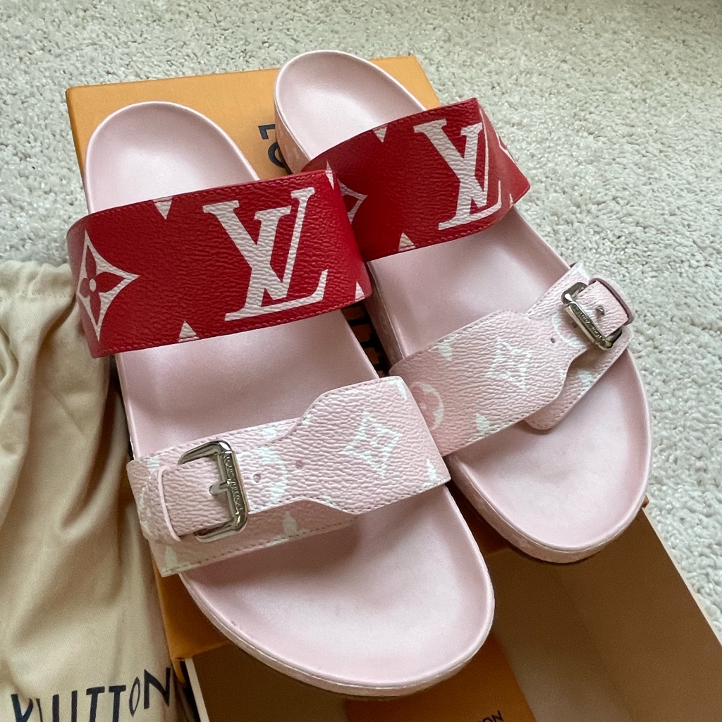 Authentic Louis Vuitton Women's Bom Dia Flat Mule Sz 41 (Red & Pink)